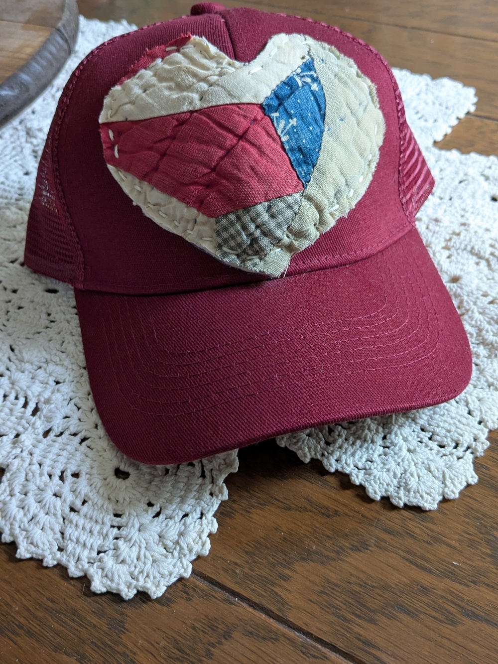 Women’s Burgundy Vintage Quilt Heart Trucker Hat